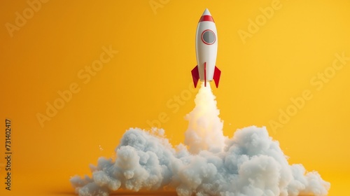Rocket taking off releasing smoke on yellow background, startup concept