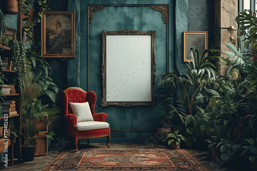 mockup, vertical small frame with white canva with aspect ratios of 3x4, realistic detail, inviting, a dimly lit room with dark academia decor, featuring vintage furniture, textured walls, soft lighti