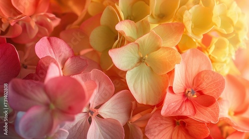 Soft Hues of Nature: Delicate Hydrangea Flowers Blooming in a Beautiful Array of Pink, Orange, and Yellow. © nishadi