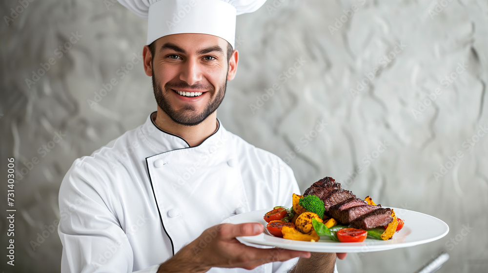 Master Chef Presenting Gourmet Steak: A Culinary Artist’s Pride in a Dish of Perfectly Cooked Meat and Vegetables.