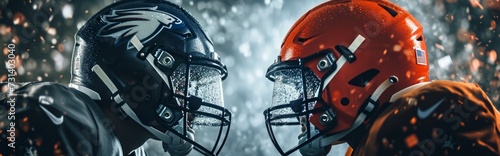American football banner - illustration with two versus american football helmets. photo