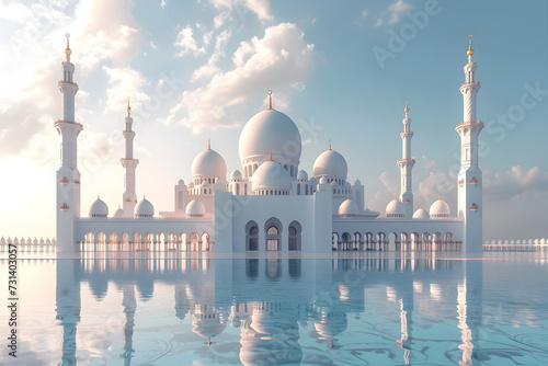 3d illustration of amazing architecture design of Muslim mosque for Ramadan concept.