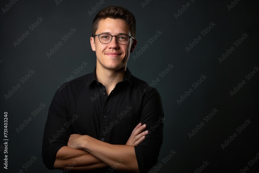 Portrait of a handsome young man in black shirt and glasses. Portrait of a handsome young man in black shirt and glasses.