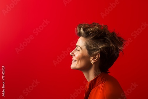 Profile portrait of a beautiful middle aged woman on a red background.