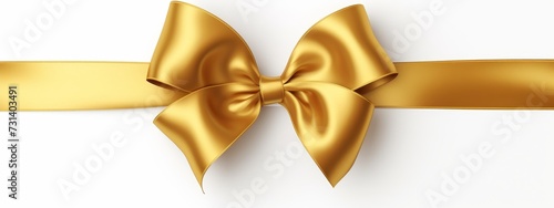 single gift bow, golden satin, with cross ribbons isolated on white