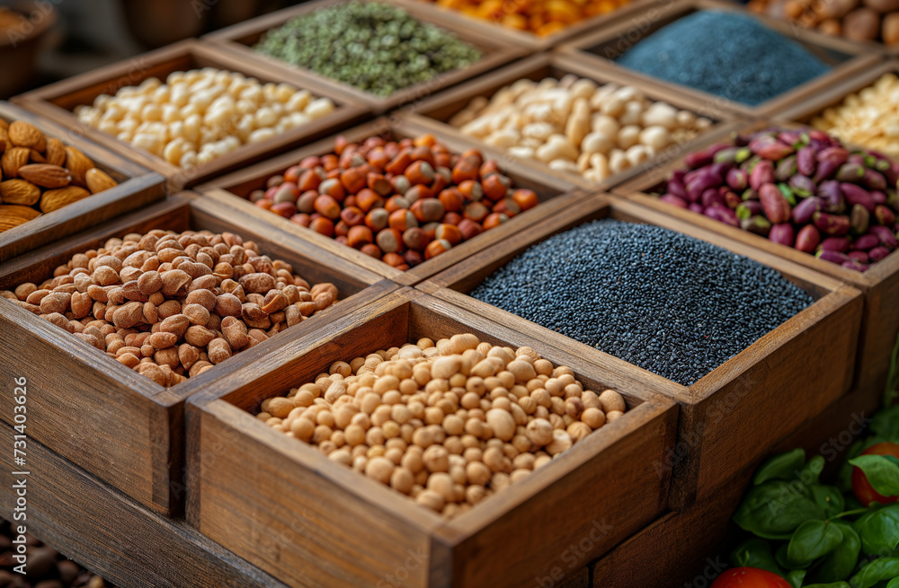 Nuts and seeds can be used in the market and arranged in wooden stands. Nuts and seeds can be used in the market and arranged in wooden stands.