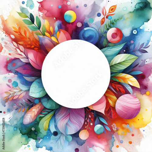 Circular frame with free white space abstract watercolor painting. White surrounded flowers leaves. Bright colors like pink blue purple. Artistic effect watercolor splashes drips