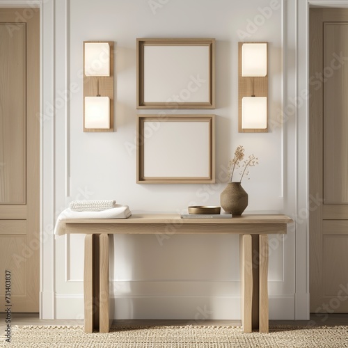 An interior wall with a wooden table and two empty picture frames mock up. 