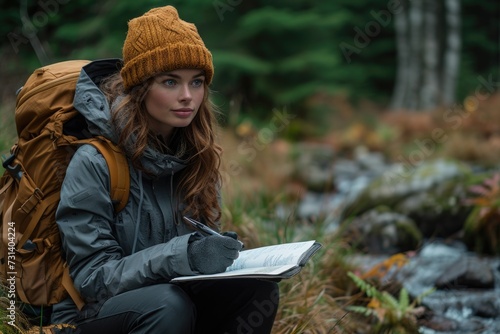 Ecologist taking notes in the forest during field research