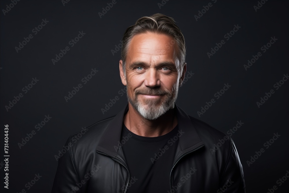 Portrait of a handsome mature man in a black leather jacket.