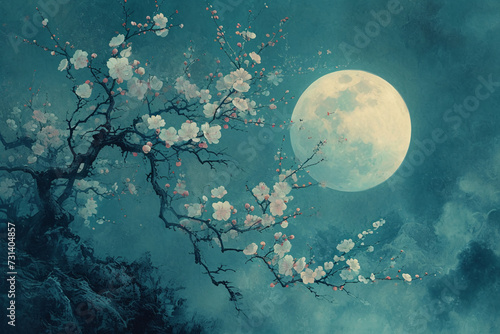 super china is a poster with a blue and white moon, in the style of album covers, precisionism influence, pictorialism influence, anime-inspired, solarization, Wintersweet blossoms, iconic album cover photo
