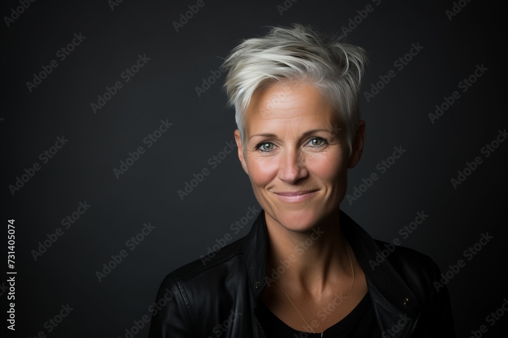 Portrait of a beautiful middle aged woman on a dark background.
