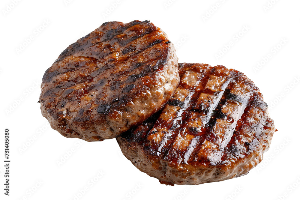 Two grilled burger patties with sear marks isolated on transparent or white background, png Two grilled burger patties with sear marks isolated on transparent or white background, png