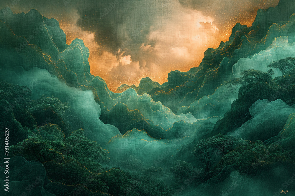 weaving art, fiber art, gauzy fabrics, layered fibers, gauzy fabrics, ethereal abstraction, clouds and trees, surreal, Asian paintings, deep emeralds and aquamarines, atmospheric clouds - obrazy, fototapety, plakaty 