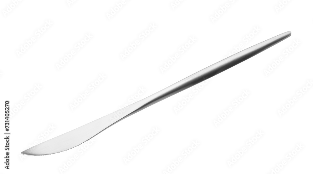 One silver knife isolated on white. Piece of cutlery One silver knife isolated on white. Piece of cutlery