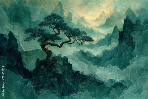 weaving art, fiber art, gauzy fabrics, layered fibers, gauzy fabrics, ethereal abstraction, clouds and trees, surreal, Asian paintings, deep emeralds and aquamarines, atmospheric clouds