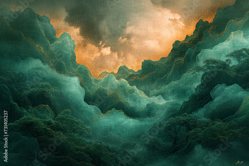 weaving art, fiber art, gauzy fabrics, layered fibers, gauzy fabrics, ethereal abstraction, clouds and trees, surreal, Asian paintings, deep emeralds and aquamarines, atmospheric clouds photo