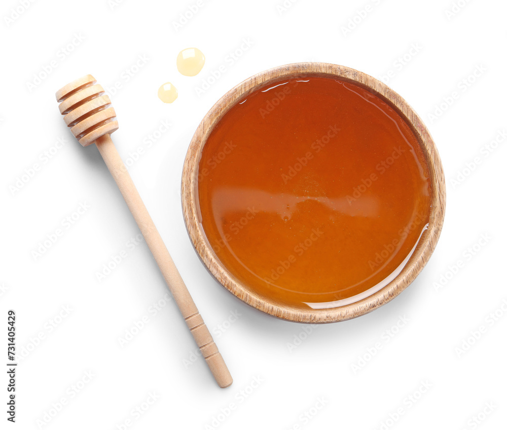 Tasty honey in bowl and dipper on white background, top view. Space for text Tasty honey in bowl and dipper on white background, top view. Space for text