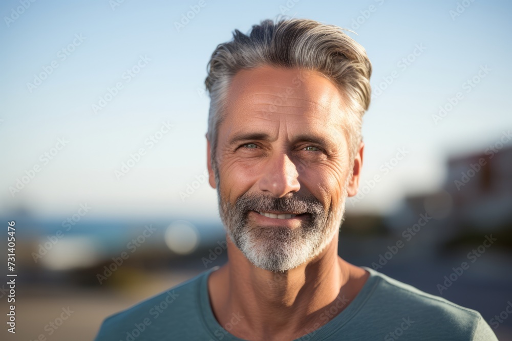 Portrait of handsome senior man with grey hair smiling at camera outdoors