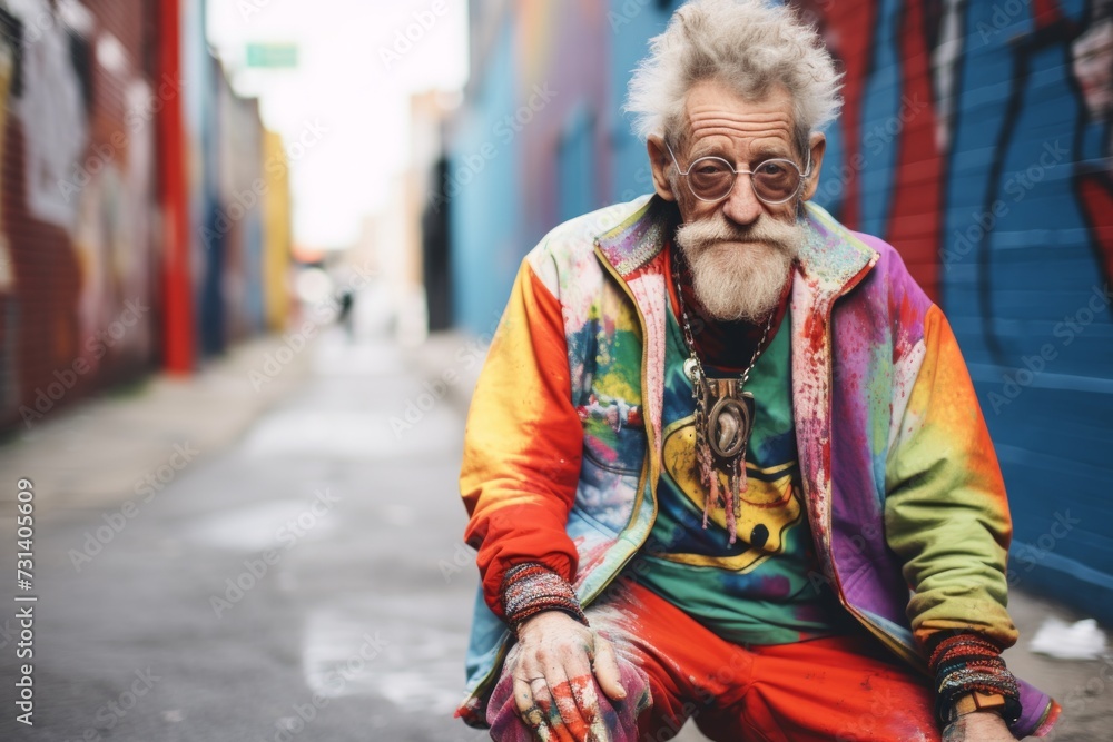 Portrait of an old hippie man in a colorful jacket and glasses