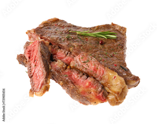 Delicious grilled beef steak with spices isolated on white