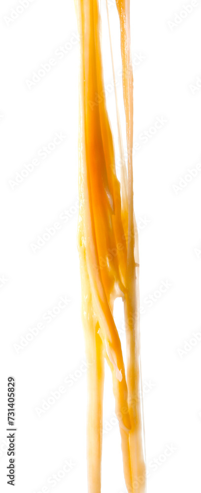 Stretching delicious melted cheese isolated on white
