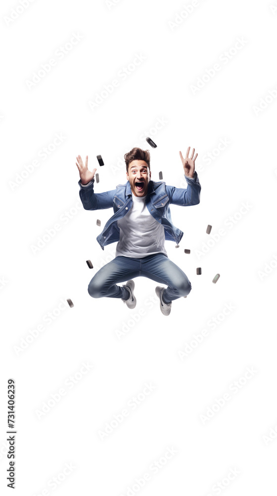 Close-up of a man jumping with joy and raising both hands to hold a tablet.