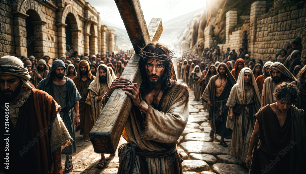 Fototapeta premium Jesus carrying a cross, surrounded by followers, in a dramatic scene