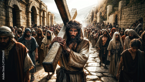 Jesus carrying a cross, surrounded by followers, in a dramatic scene photo