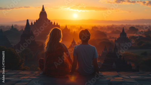 couple of men and woman travelers watching the sunrise in Bagan Myanmar, men and woman sitting on top of a Pagoda looking at the sunrise