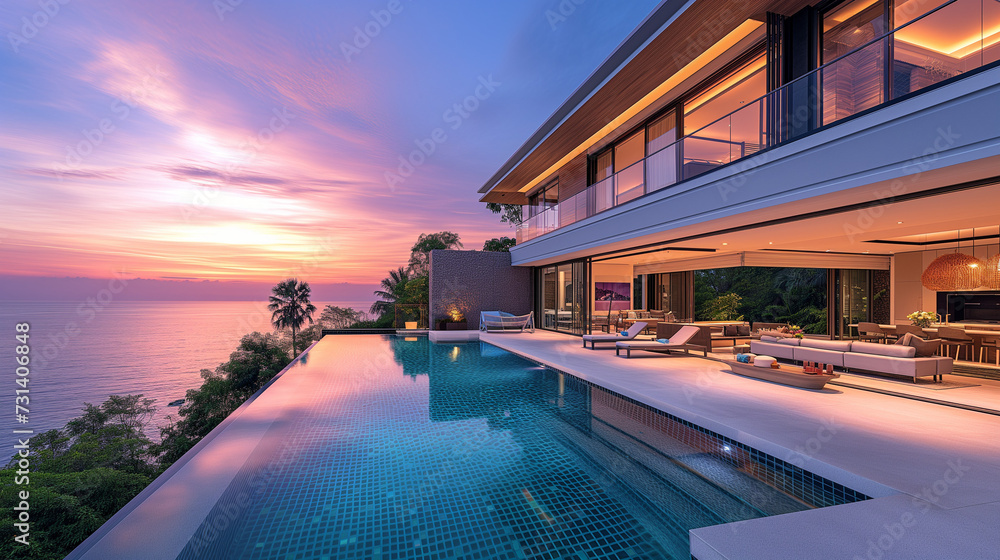 Modern house with a swimming pool, modern pool villa at the beach, luxury villa with  tropical ocean