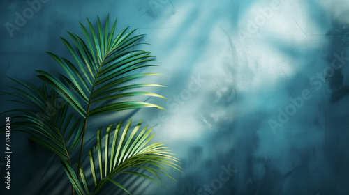 green palm shadow blue color texture pattern cement wall background. Summer tropical beach with a minimal concept