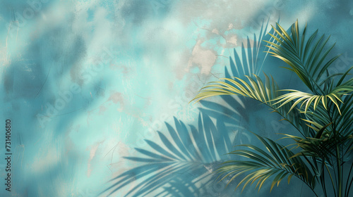 green palm leaves shadow with blue color texture pattern cement wall background