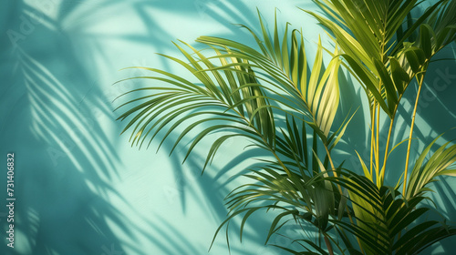 green palm shadow blue color cement wall background   nature organic cosmetic products for sale shop online. Summer tropical beach with minimal concept