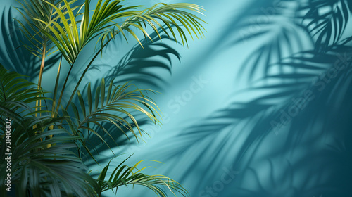 green palm shadow blue color wall background   nature organic cosmetic products for sale shop online. Summer tropical beach with minimal concept