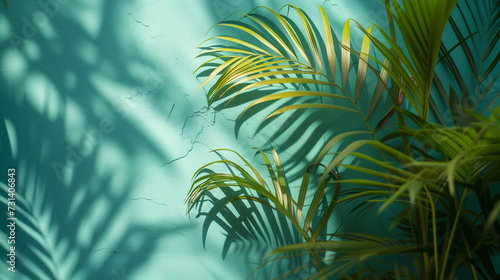 palm leaves in the sun background , palm leaves shadow with blue background