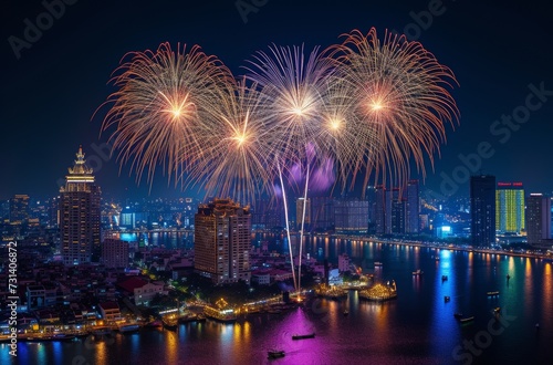 A dazzling display of lights and colors illuminates the night sky as fireworks burst over a bustling city, reflecting off the calm waters of the lake below, celebrating new beginnings and freedom on 