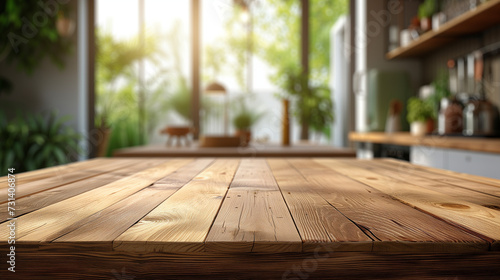 Empty beautiful wood tabletop counter and blur bokeh modern kitchen interior background in clean and bright