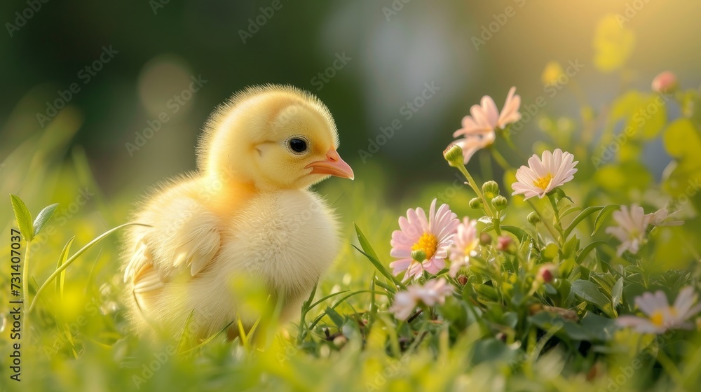 Small yellow chick sits amidst the grass next to colorful flowers, a scene of youthful innocence, Ai Generated.