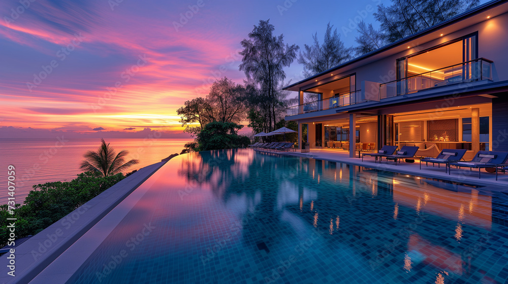 Modern house with a swimming pool, modern pool villa at the beach, luxury villa with  tropical ocean at sunset with a pink sky