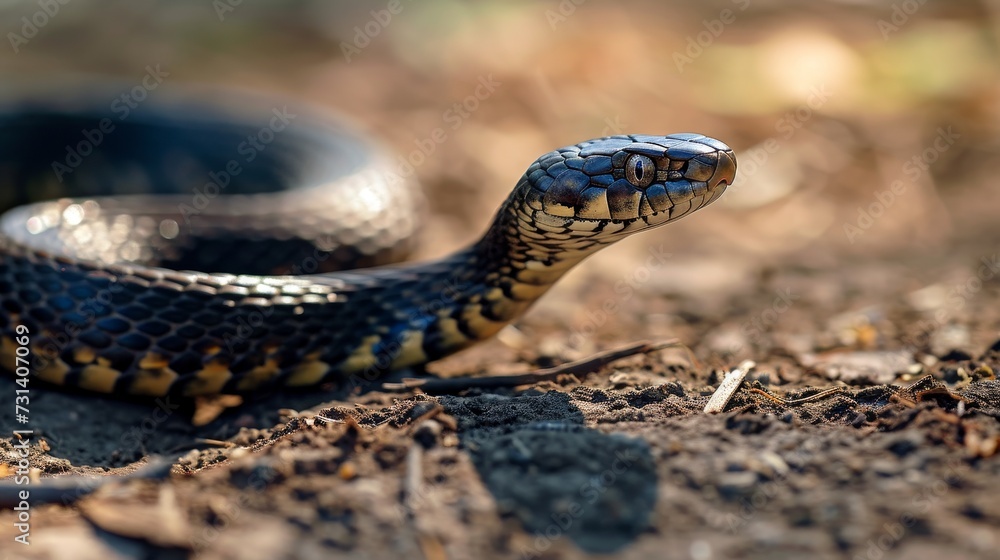Serpentine snake slithers gracefully on the ground, its sinuous movements mesmerizing, Ai Generated. Serpentine snake slithers gracefully on the ground, its sinuous movements mesmerizing, Ai Generated.