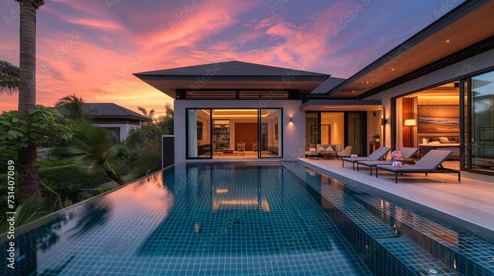 Modern house with a swimming pool, modern pool villa at the beach, luxury villa at sunset with pool