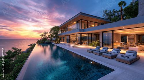 Modern house with a swimming pool, modern pool villa at the beach, luxury villa by the ocean at sunset