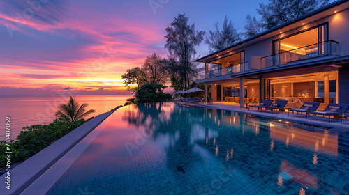 Modern house with a swimming pool, modern pool villa at the beach, luxury villa with  tropical ocean at sunset with a pink sky © Fokke Baarssen