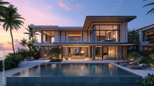 Modern house with a swimming pool, modern pool villa at the beach, luxury villa with big pool and big windows