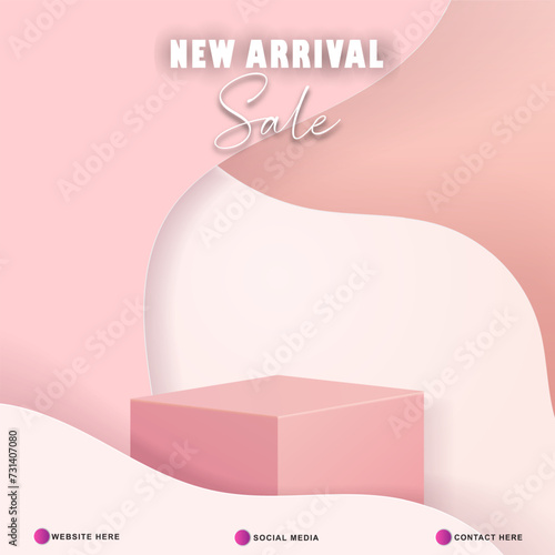 new arrival sale discount template banner with blank space 3d podium for product sale with abstract gradient pink and white background design
