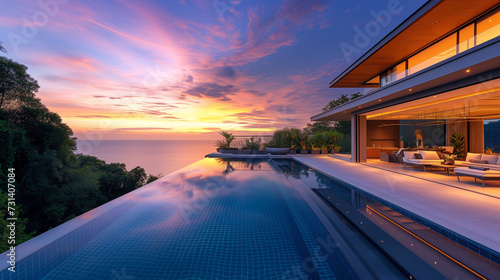 Modern house with a swimming pool, modern pool villa at the beach, luxury villa with pool