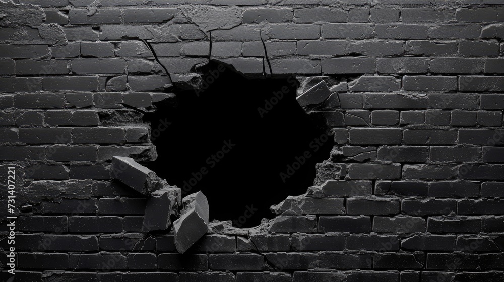 A striking visual: a hole punctuates a rugged black brick wall. Ai Generated. - obrazy, fototapety, plakaty 