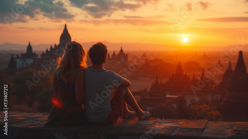 couple travelers watching the sunrise in Bagan Myanmar, men and woman sitting on top of a Pagoda looking at the sunrise