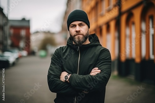 Handsome bearded hipster man with crossed arms in urban background
